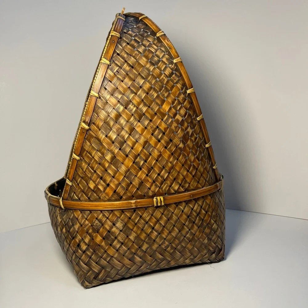 Vintage Woven Bamboo Rattan Gathering Basket Brown High Handle Hanging Pasking